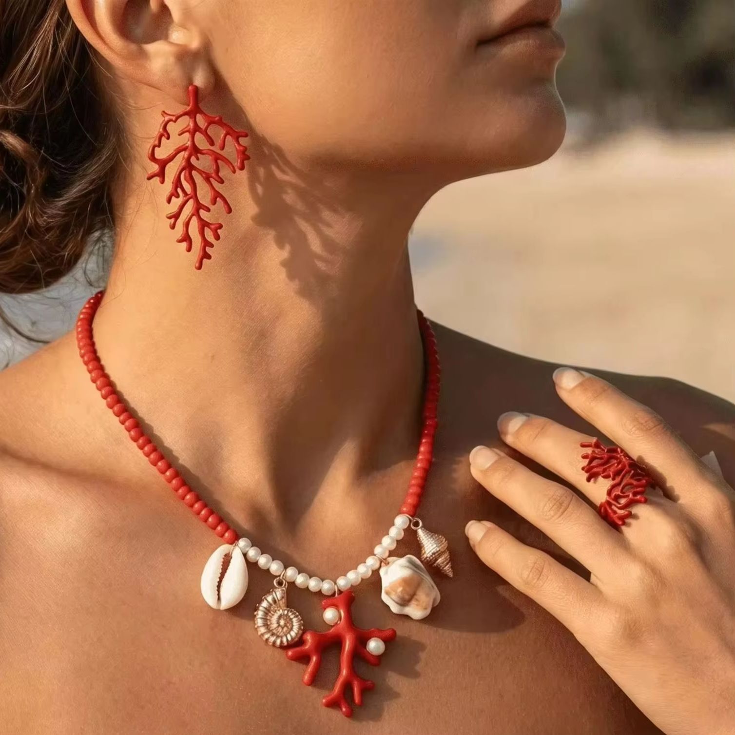 Conch Earring Hoop - Bohemian Red Coral Branch Ring Necklace