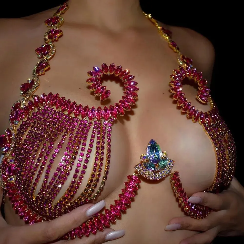 Body Jewelry Dress - Rave Pink Crystal Chest Bracket Sexy